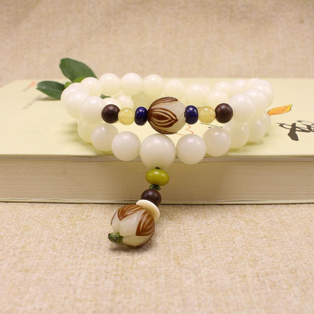 Original Design Natural White Bodhi Root Beads Bracelet Lotus 108 Lotus Mala Healing Prayer Bracelet for Women Jewelry Gift
