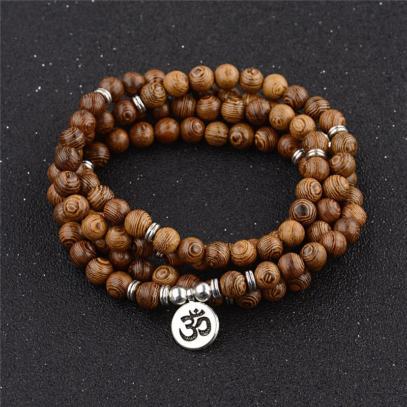 Unisex Women Men Yoga 108 Beads Bracelet Natural Sandalwood Buddhist Buddha Wood Prayer Beaded Lotus OM Bracelet Necklace Rosary