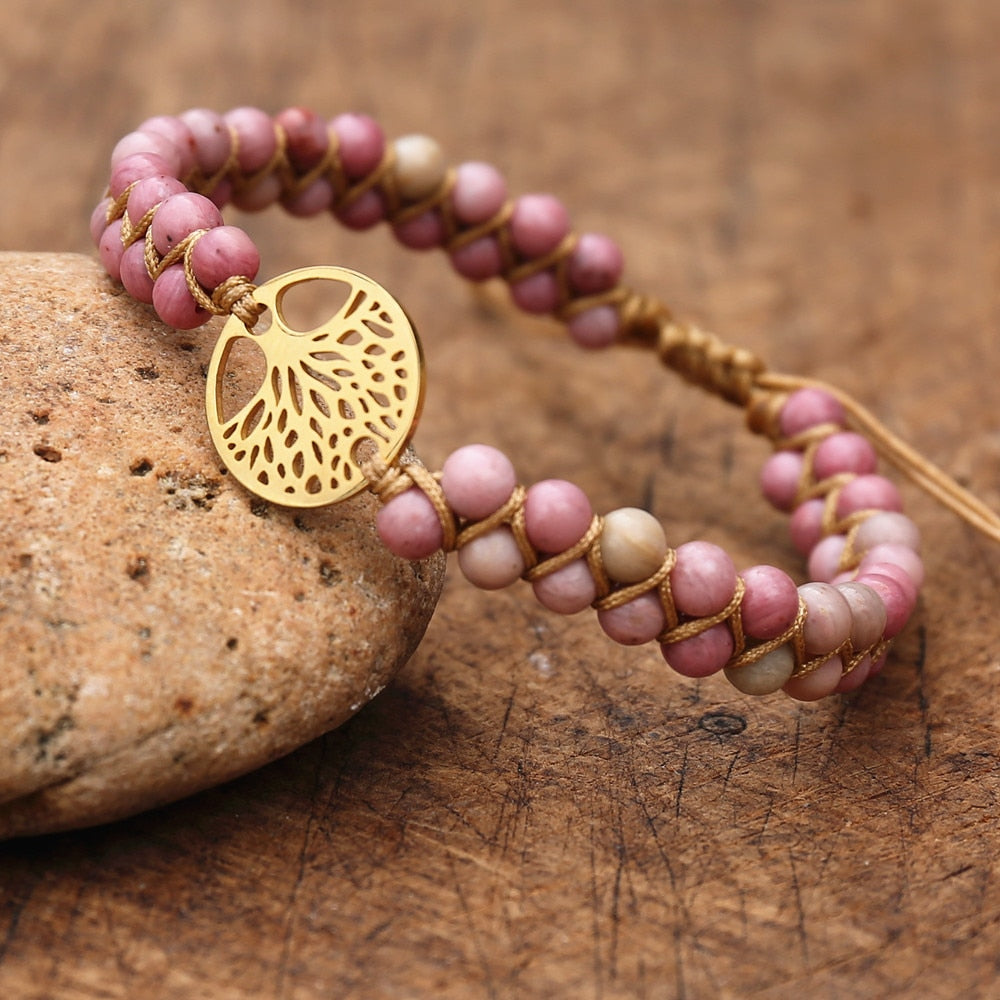 Handmade Natural African Stone Beaded Boho Yoga Wrap Bracelet & Bangle Stainless Steel Tree of Life Braided Charm Bracelet