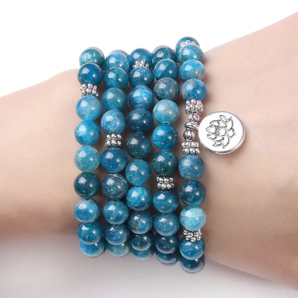 Natural Stone Women Men 108 Mala Apatite with Lotus OM Buddha Charm Yoga Bracelet or Necklace Natural Jewelry