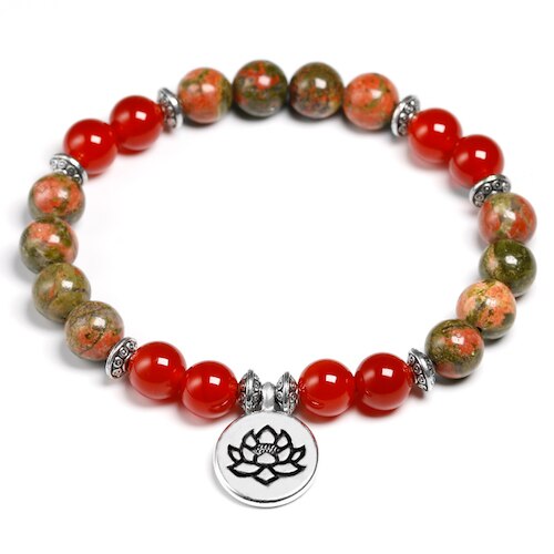 Natural unakite and Red Onyx Beads Bracelet Lotus Wrist Mala Healing Crystal Lotus OM Bracelets Sets For Women Meditation Yoga