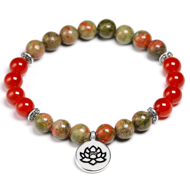 Natural unakite and Red Onyx Beads Bracelet Lotus Wrist Mala Healing Crystal Lotus OM Bracelets Sets For Women Meditation Yoga