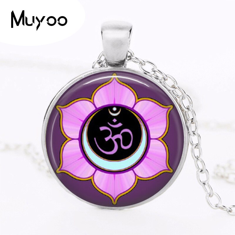 Om Symbol Necklace Yoga Jewelry Aum Zen Purple Flower Art Pendant in Bronze or Round Photo Choker Necklace HZ1