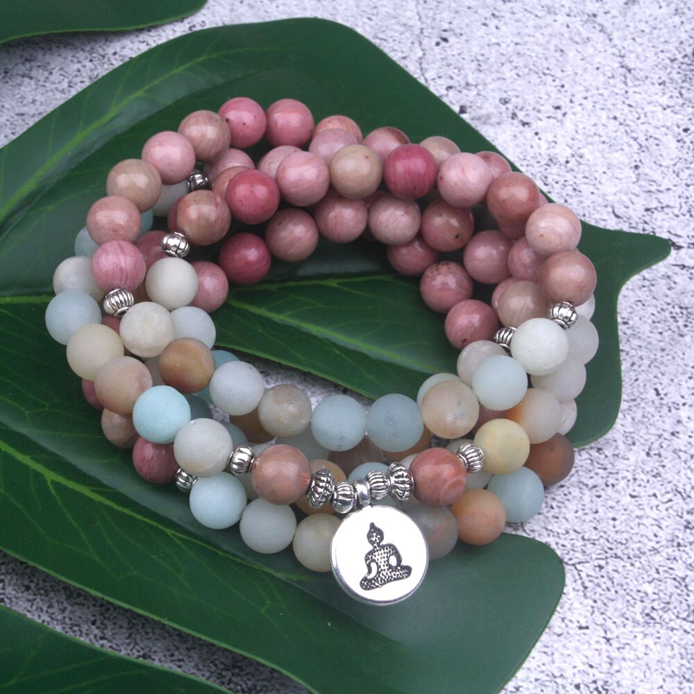 Natural Stone Wrap Stack Layer Bracelet for Women 108 Bead Buddhist Mala Rhodochrosite with Frosted Amazonite Lotus Jewelry Gift