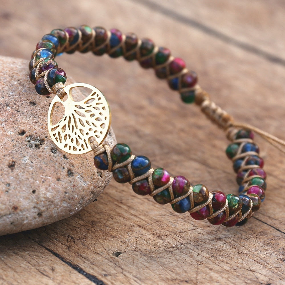 Handmade Natural African Stone Beaded Boho Yoga Wrap Bracelet & Bangle Stainless Steel Tree of Life Braided Charm Bracelet