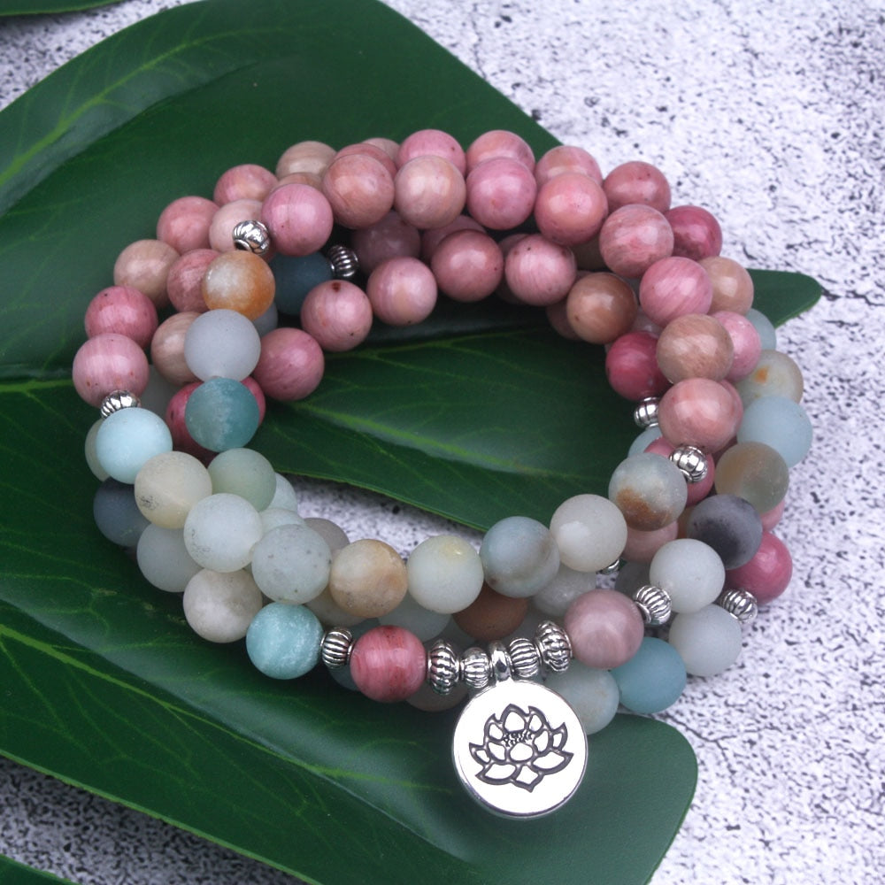 Natural Stone Wrap Stack Layer Bracelet for Women 108 Bead Buddhist Mala Rhodochrosite with Frosted Amazonite Lotus Jewelry Gift