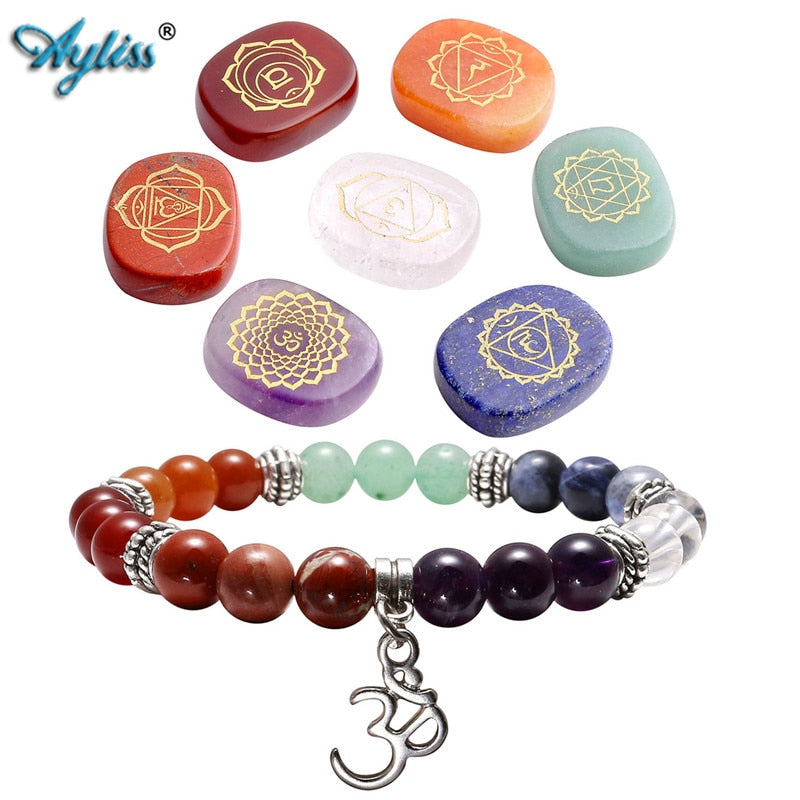 Ayliss 7 Chakra Natural Stone Bracelet Gem Stones Reiki Healing Bracelets OM Lotus Chakra Yoga Balance Energy Bracelets Jewelry