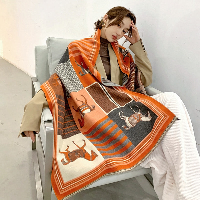 Luxury Winter Cashmere Scarf Women 2023 Design Warm Pashmina Blanket Horse Scarves Female Shawl Wraps Thick Foulard Bufanda